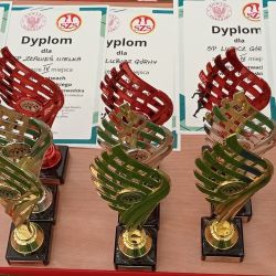 zdjęcie przedstawia puchary i dyplomy, które zostały wręczone najlepszym zespołom podczas zawodów sportowych